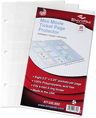 EnvyPak Movie Ticket Collector, Sheet Protector – Top Loading, Clear – Archival Safe, 3 Hole Punched – Pack of 20 Pages