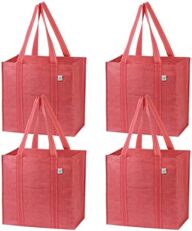 VENO 4 Pack Reusable Grocery Bags, Shopping Bags for groceries, Utility Tote with Handles and Hard Bottom, Foldable, Multi-Purpose, Heavy-Duty, Stands Upright, Sustainable (Red, 4 Pack)