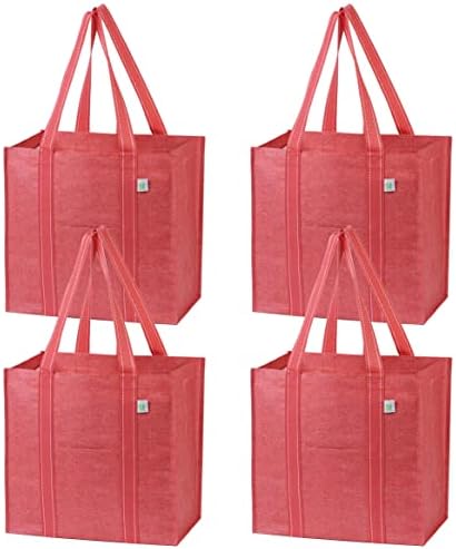 VENO 4 Pack Reusable Grocery Bags, Shopping Bags for groceries, Utility Tote with Handles and Hard Bottom, Foldable, Multi-Purpose, Heavy-Duty, Stands Upright, Sustainable (Red, 4 Pack)