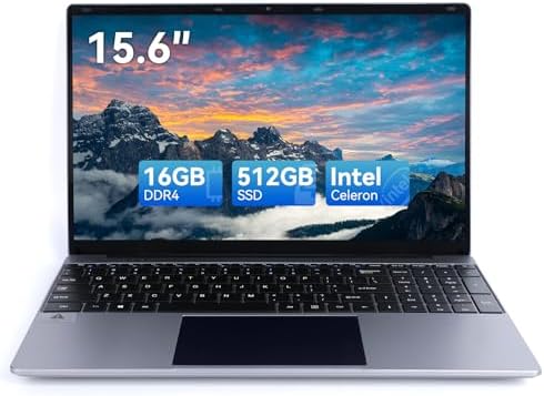 AMIAMO 16GB RAM Laptop Computer, 512GB SSD, FHD IPS 1920×1080 Screen, Intel Celeron Quad-Core N5095 Processors, Lightweight Laptop, Numeric Keypad, 2.4/5G WiFi, 2MP Webcam.