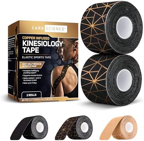 Care Science Waterproof Kinesiology Tape, 40 ct Precut Strips (2 Rolls), Copper Infused | Water Resistant Strips, Elastic Athletic Tape for Sports & Weightlifting, Muscle Strain Relief & Joint Support