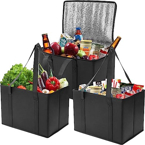 DAREKUKU 3 Pack Reusable Grocery Bags, Foldable Washable Insulated Shopping Bags For Groceries, Heavy Duty With Reinforced Bottom & Handles (2 Grocery Tote Bags + 1 Insulated Cooler Bag)