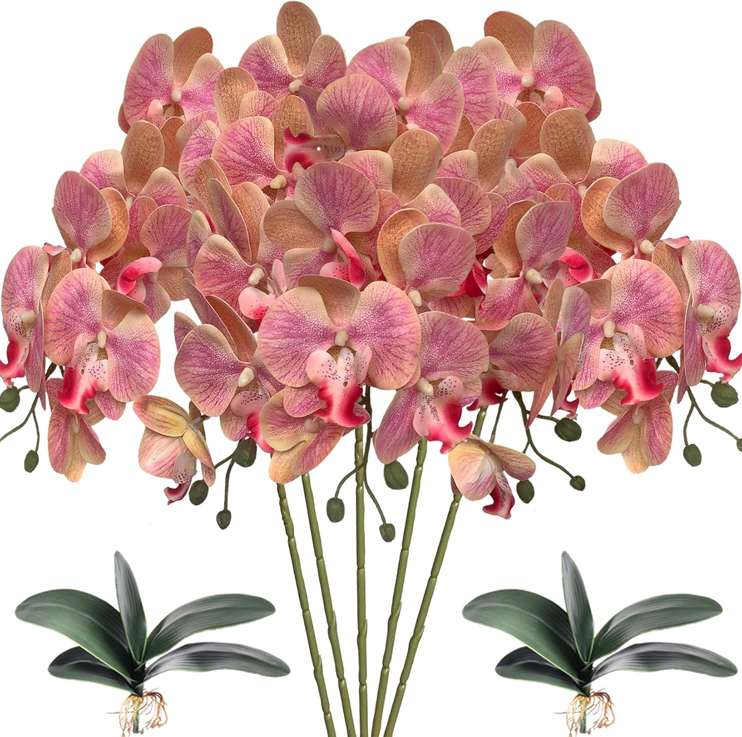 5 Pcs Artificial Orchid Flowers and 4 Bundles Leaves, Artificial Phalaenopsis Flowers 32 Inch Stem Plants for Home Wedding Decoration (Pink)