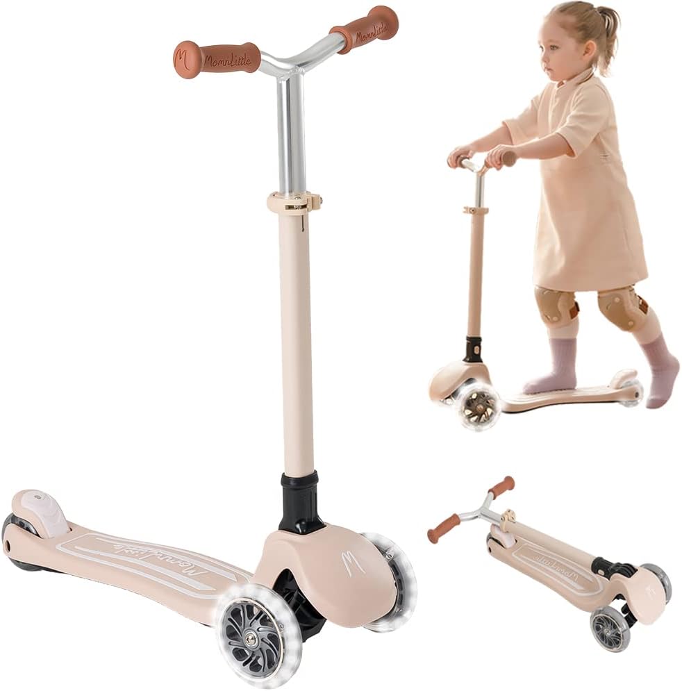 MomnLittle Foldable Kids 3 Wheels Scooter(Pink/Beige/White/Navy) with LED Light-Flashing Wheels Adjustable Handlebar Height for Boys Girls