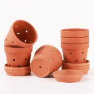 4.6 Inch Terracotta Orchid Pots with Drainage Holes and Saucers – 6 Pack Small Clay Orchid Planter Pots for Repotting, Plant Flower Pots for Orchid Indoor/Outdoor Promotes Air Circulation