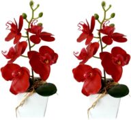 XIZHI 2 Pack Artificial Orchid Flowers with Vase,10 Inches Artificial Plant Bonsai Silk Flowers Butterfly Orchid with Pot for Wedding Office Home Decor Indoor Centerpieces (Red)