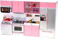 PowerTRC Doll Kitchen Play Set, Mini Modern Toy Pink Kitchen Pretend Play Furnitures Toy Set Accessories Set with Realistic Light & Sound for Kids Toddlers Girls (4-in-1)