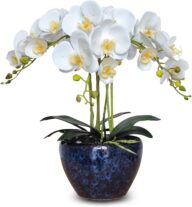 Faux Orchids Artificial Flowers with Porcelain Vase Large Fake Silk Orchids in Vase Indoor Dining Table Office Desk Decor