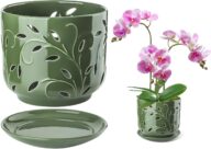 6.9 Inch Orchid Pots with Holes & Saucers for Orchid Root Health, Ceramic Orchid Planter, Effective Drainage and Ventilation to Assist New Plants or Repotting – Patina