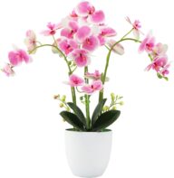 Orchid Artificial Flowers with Vase Fake Orchid Plants Realistic Pink Faux Orchid for Home Office Bathroom Table Christmas Party Wedding Decor,Pink