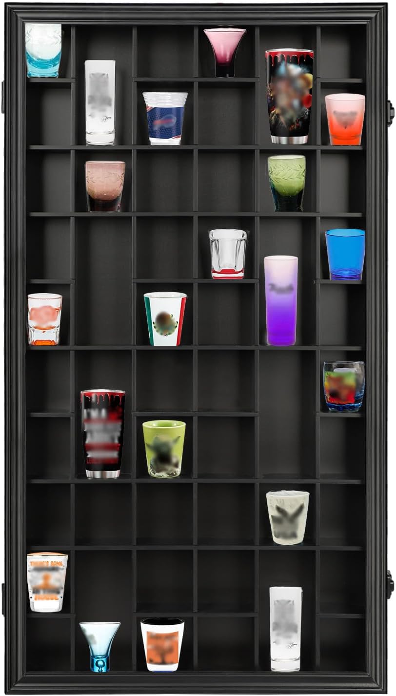 Shot Glass Display Case, 52 Shot Glass Holder Display Case for Wall, Shot Glass Rack Organizer Display Cabinet Lockable with 98% UV Protection Acrylic Door and Removable Shelf, Black