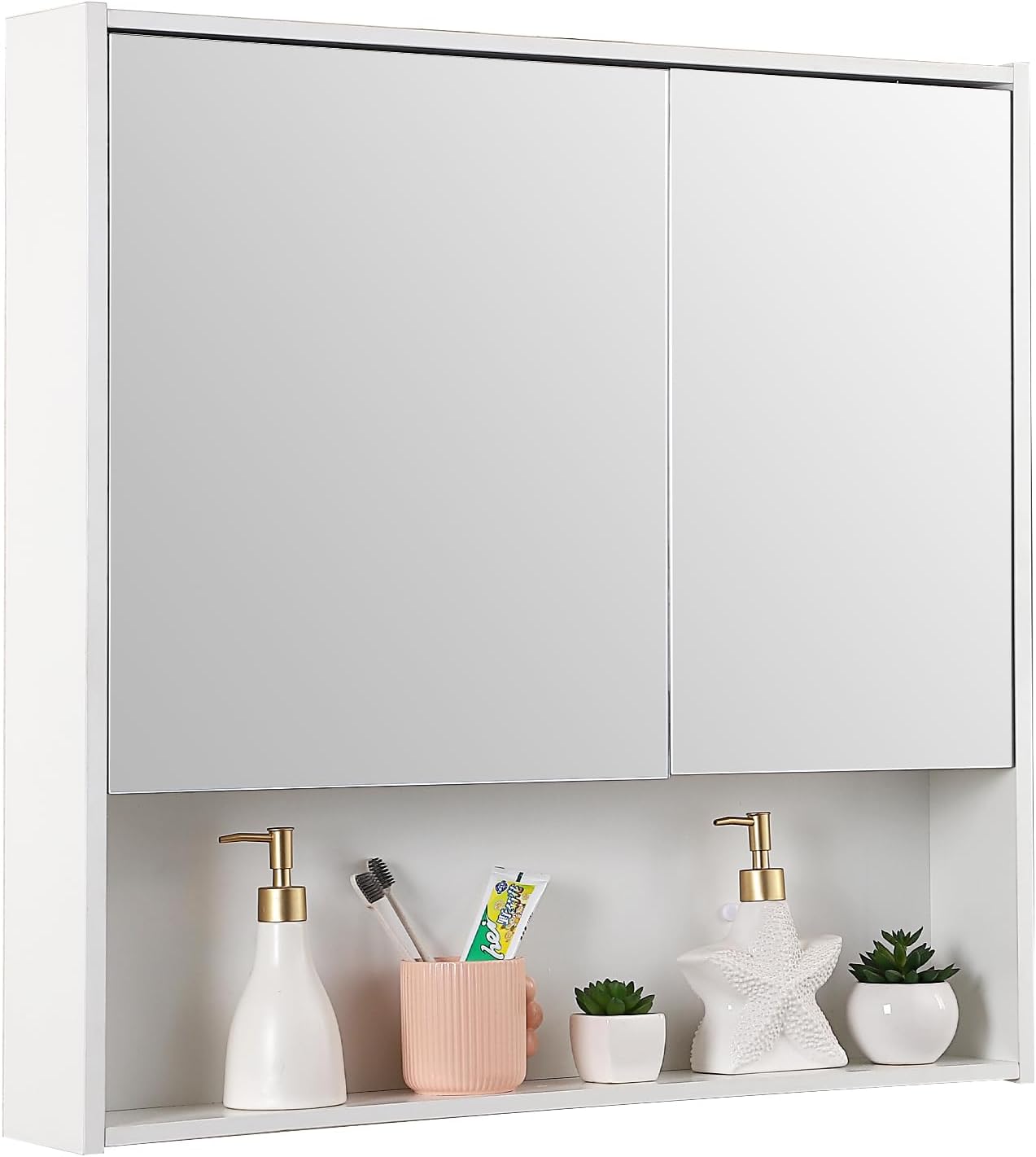 Medicine Cabinet with Double Mirror Doors, 30.3 x 29.5 Inch Bathroom Wall Cabinet with Shelves, Modern Over The Toilet Storage Cabinet for Bathroom, White