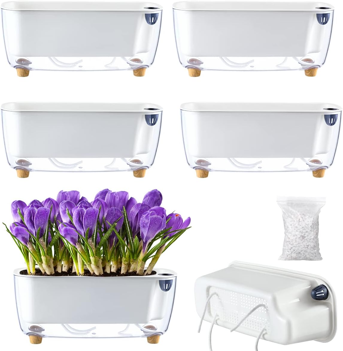 5 Pack Rectangular Planter 11.8 x 4.6 in Self Watering Planter Window Sill Planters Indoor Rectangle Planter Self Watering Pots Plastic Plant pots for African Violet Flower Orchid (Clear, 5)