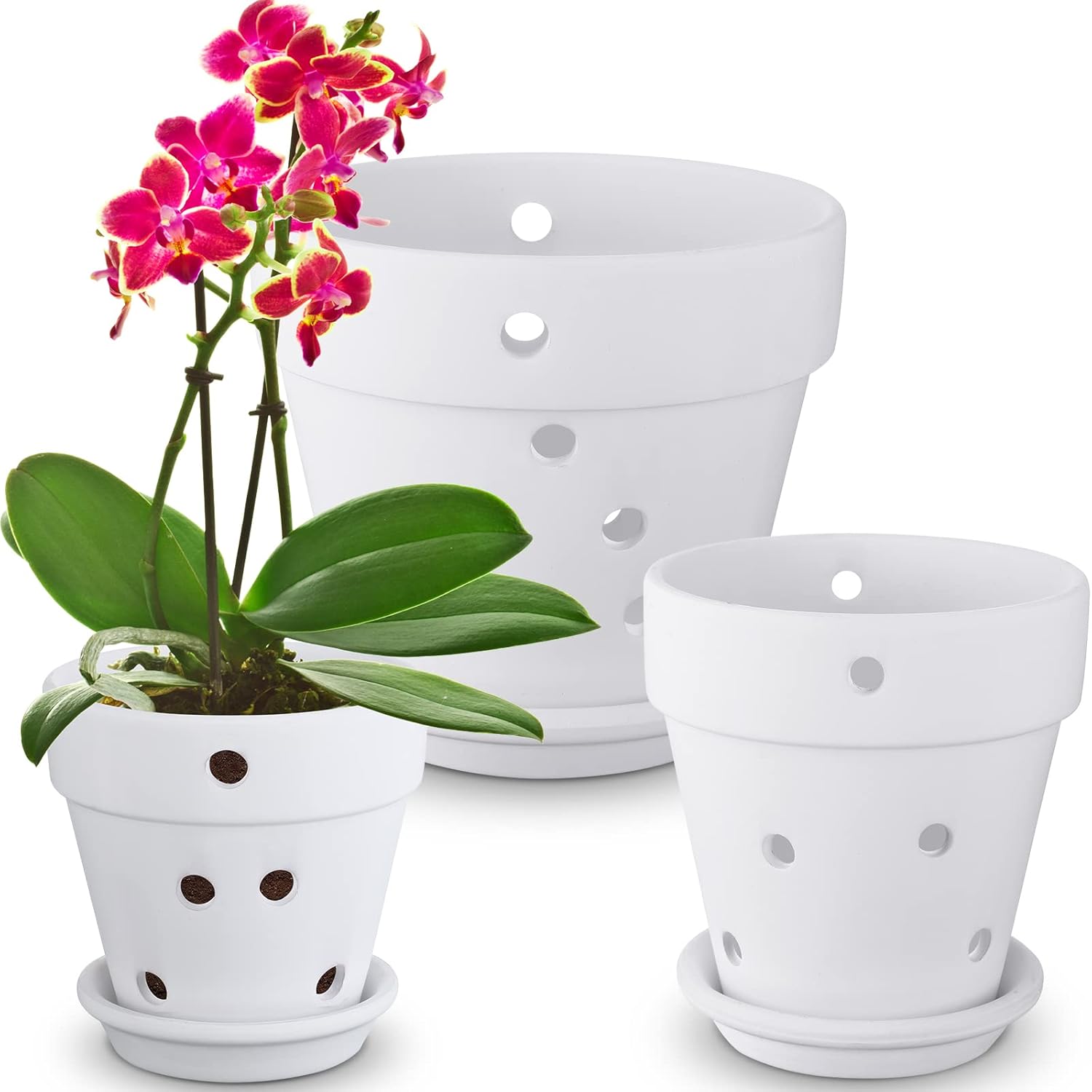 3 Pcs Orchid Pot with Holes 3 Size Clay Orchid Flower Pot Set with Drainage Holes and Saucers Indoor Outdoor Orchid Planter 4 Inch 5.1 Inch 6.3 Inch White Plant Pot for Repotting, Air Circulation