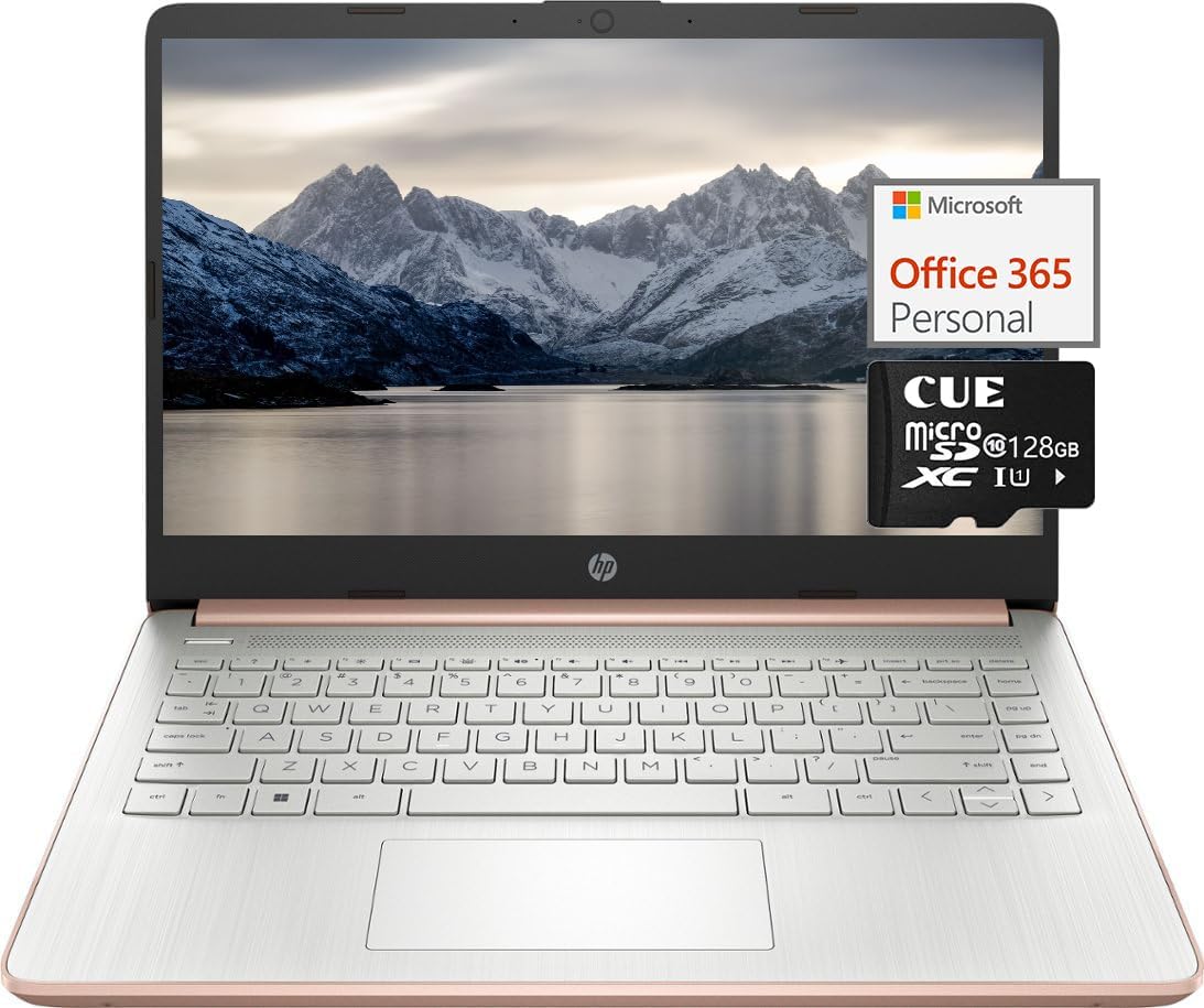 HP Newest 14 Ultra Light Laptop for Students, Quad-Core Intel N4120, 8GB RAM, 192GB Storage(64GB eMMC+128GB SD Card), with 1 Year Office 365 Included, WiFi, Webcam, HDMI, USB-C, Win 11, Rose Gold