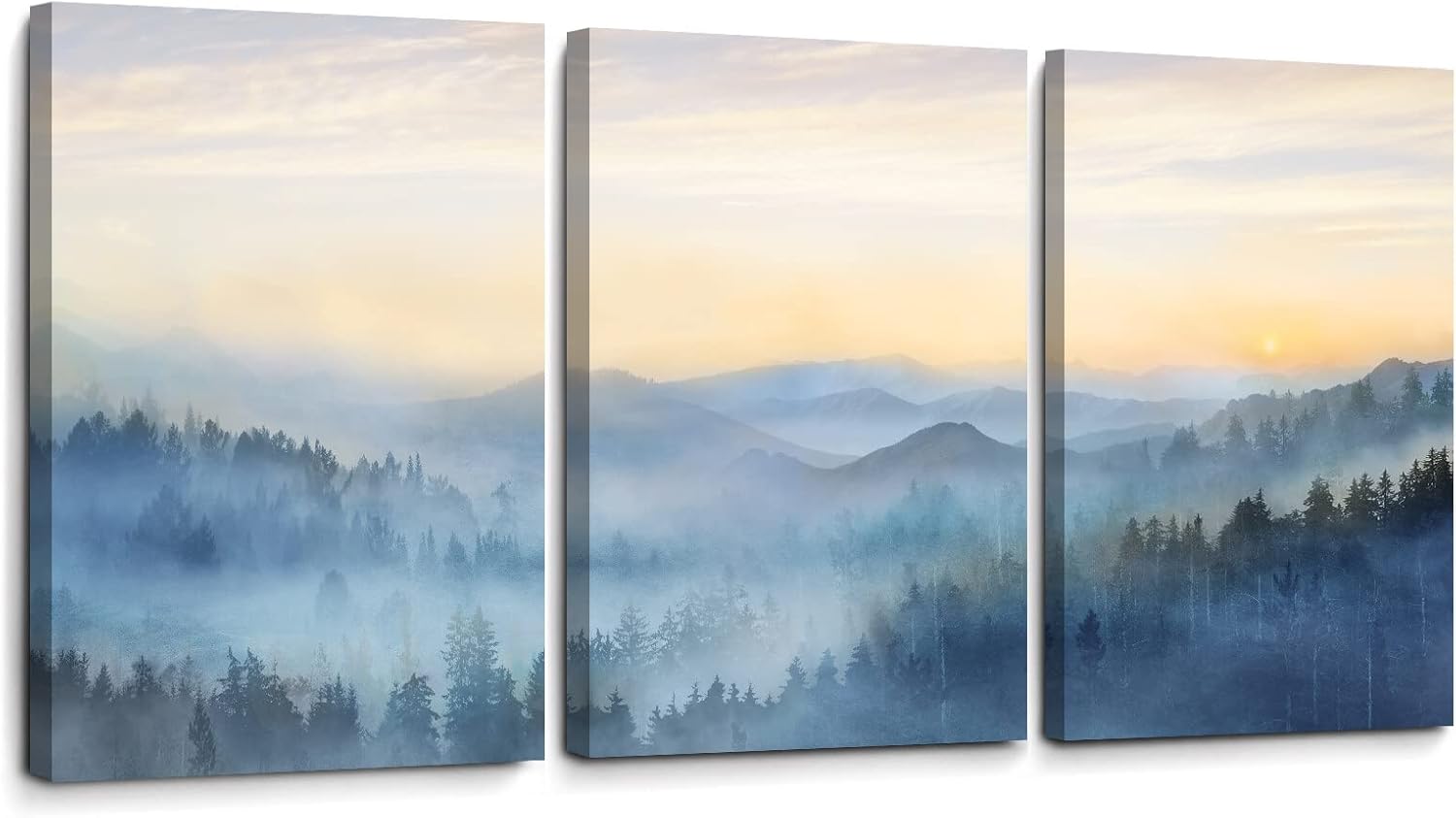 Wall Decor for Bedroom 3 Panel Sunrise Misty Forest Print Picture Paintings Wall Art for Living Room Bathroom Framed Canvas Artwork Modern Room Wall Decorations Size 12×16 x 3 Piece Ready to Hang
