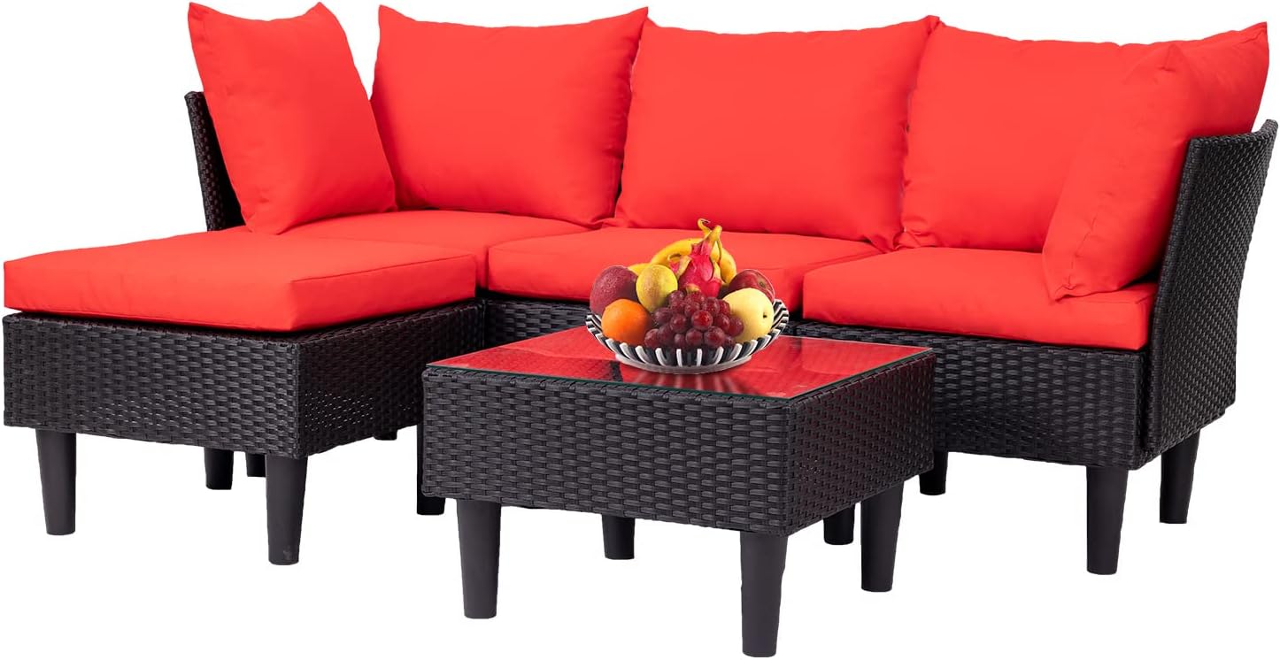 FDW Patio Furniture Sets 5 Pieces Outdoor Wicker Conversation Set Sectional Sofa Rattan Chair for Outdoor Backyard Porch Poolside Balcony Garden Furniture with Coffee Table,Red Cushion