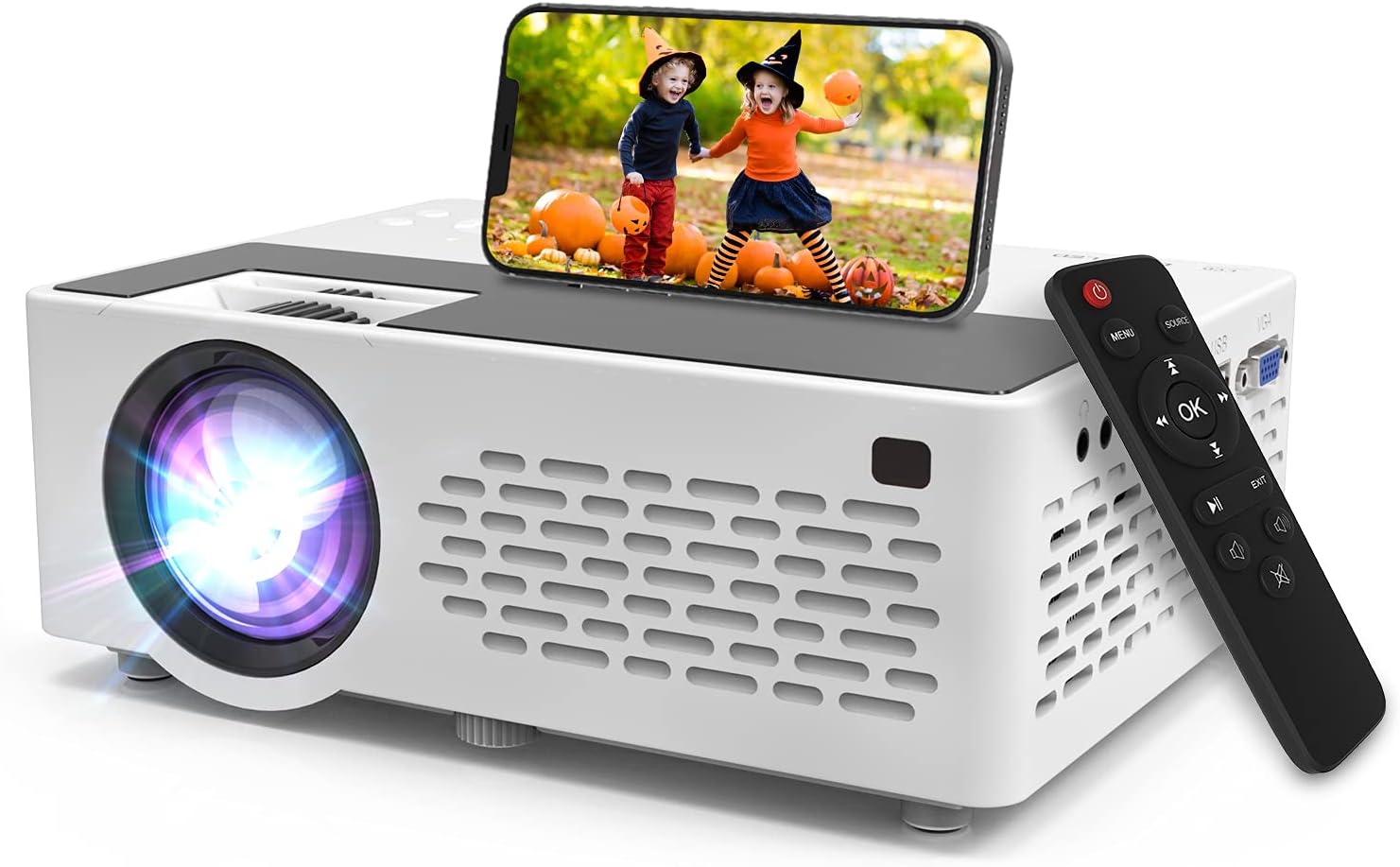 Projector, Mini Projector 1080P Full HD Supported, Portable Outdoor Movie Projector Compatible with Smartphone,TV Stick, PS4 & X-Box, PC, Smartphone/Tablet, USB TF, White.