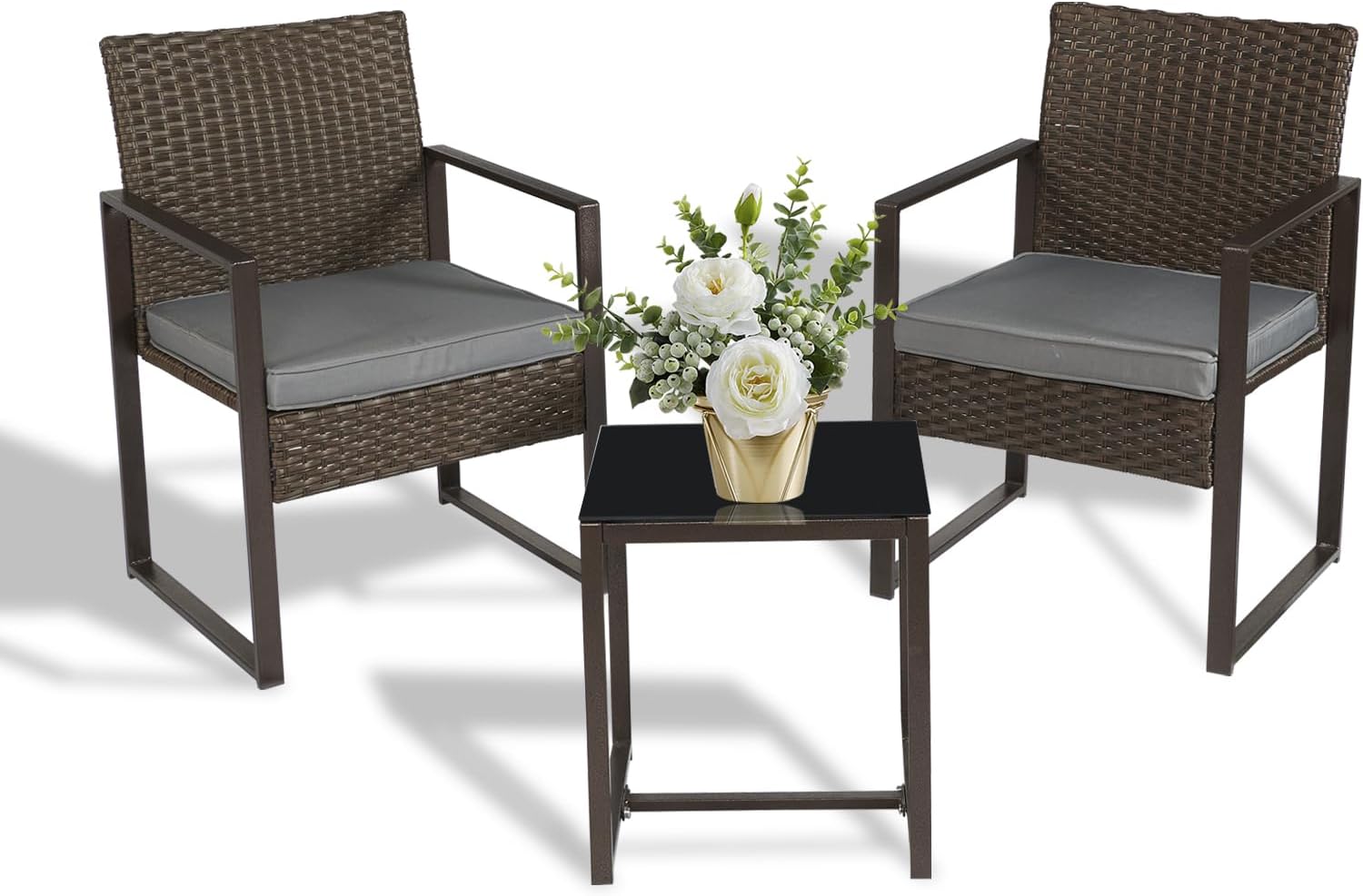 3 Pieces Patio Furniture Set Outdoor Wicker Bistro set Rattan Chair Conversation Sets with Coffee Table for Porch, Balcony,Garden,Backyard and Removable Cushions Grey