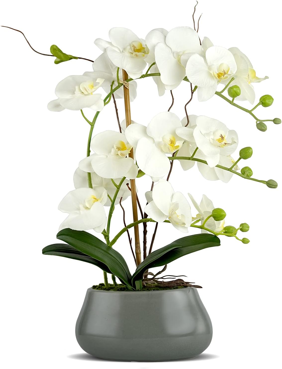 LIVILAN White Orchid Artificial Flowers with Pot Large Fake Silk Orchids Plant Orquidea Artificial Phalaenopsis Orchid with Ceramic Grey Vase Indoor Decor Table Decoration