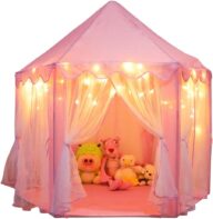 ORIAN Princess Castle Playhouse Tent for Girls with LED Star Lights – Indoor & Outdoor Large Kids Play Tent for Imaginative Games – ASTM Certified, 230 Polyester Taffeta. Pink 55″x53″.