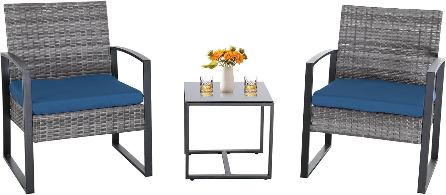 3 Pieces Patio Furniture Set, Outdoor Patio Set, Patio Bistro Set, All-Weather Wicker Conversation Set with Cushions Table for Porch Backyard (Gray-Blue)