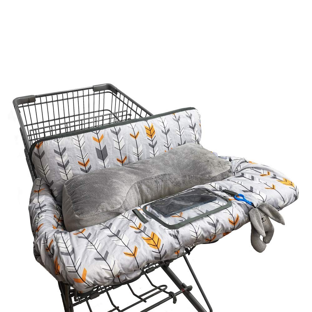 Shopping Cart Cover for baby with pillow- minky Bolster Positioner and Cellphone Holder, High Chair Cover for Boy Girl,Infant Grocery Cart Cushion Liner with pillow