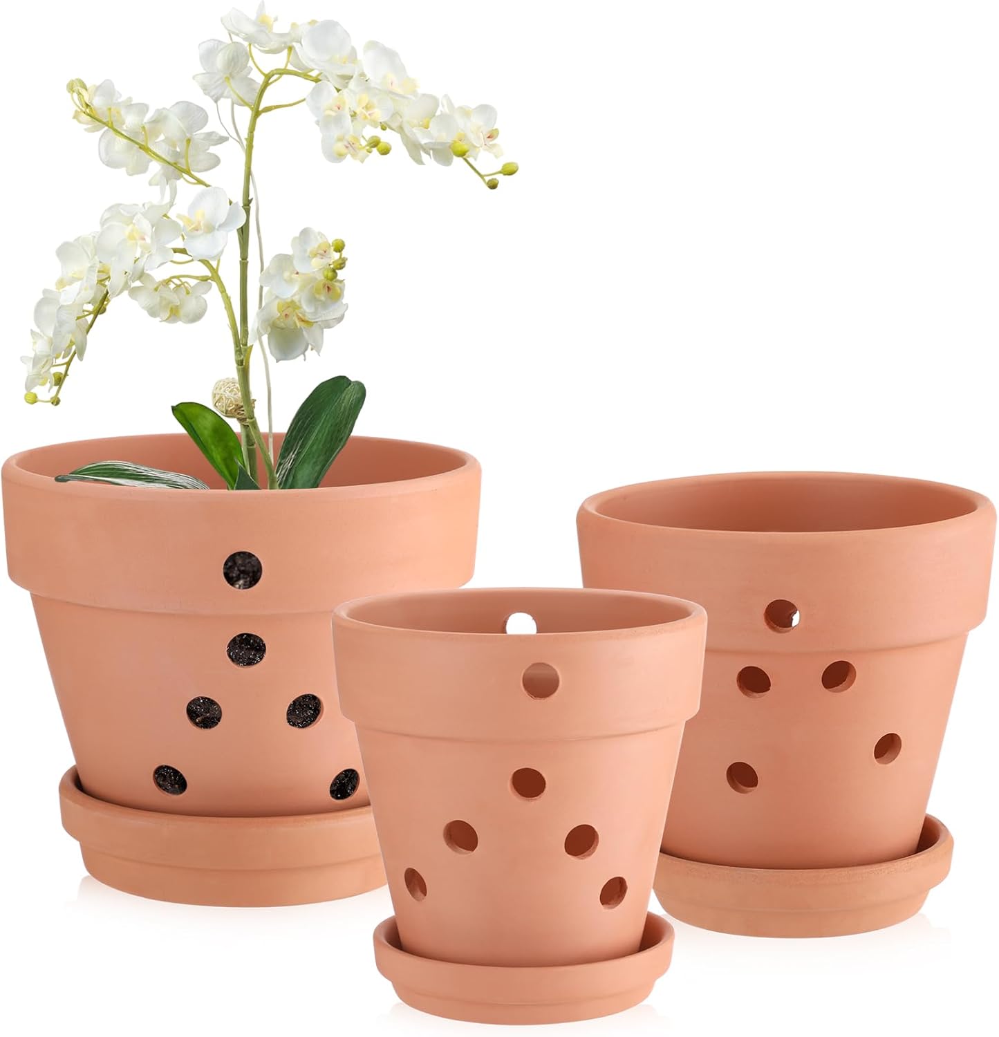 Terracotta Orchid Pots with Holes and Saucers, 4 Inch 5 Inch 6 Inch, 3 Pcs Small Clay Planter Pots for Indoor and Outdoor Plants Garden Flower Pots Promotes Air Circulation