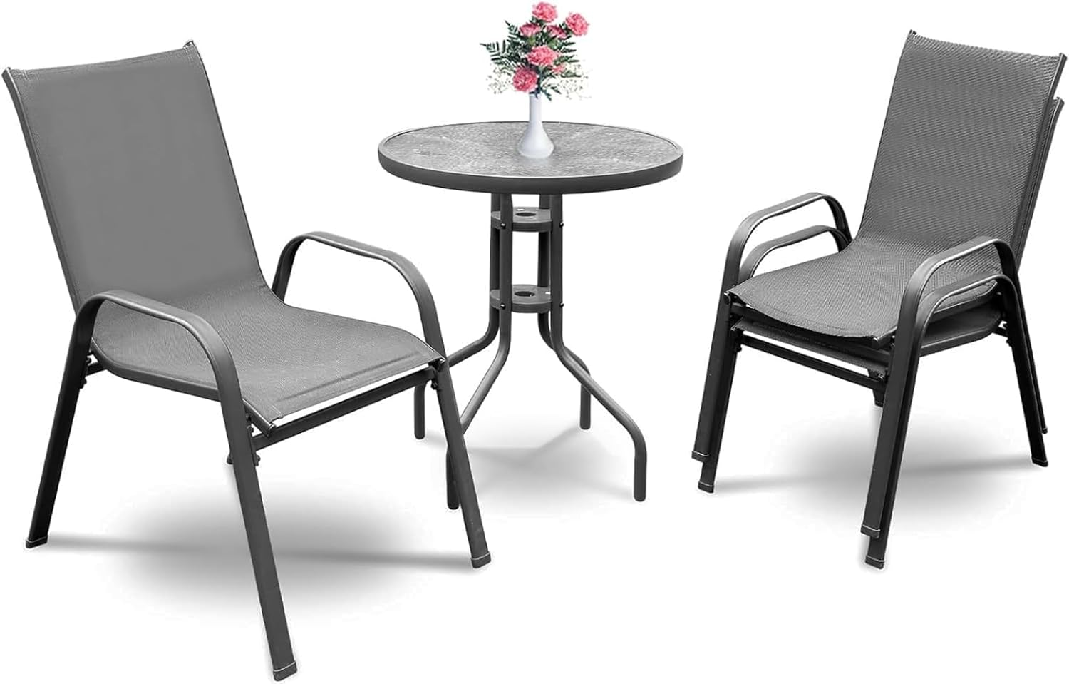 Large Table and 2 Chairs Set, Metal Frame – Modern Metal Textilene Patio Bistro Dining Conversation Furniture Set Chair(36” × 28‘’ × 22”