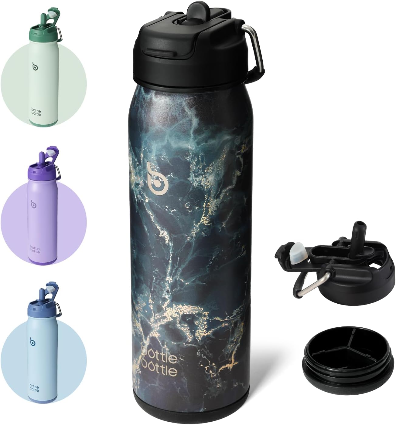 BOTTLE BOTTLE 24oz Insulated Water Bottle Stainless Steel Sport Water Bottle with Straw and Adjustable Lid Daily Pill Organizer (black stone)