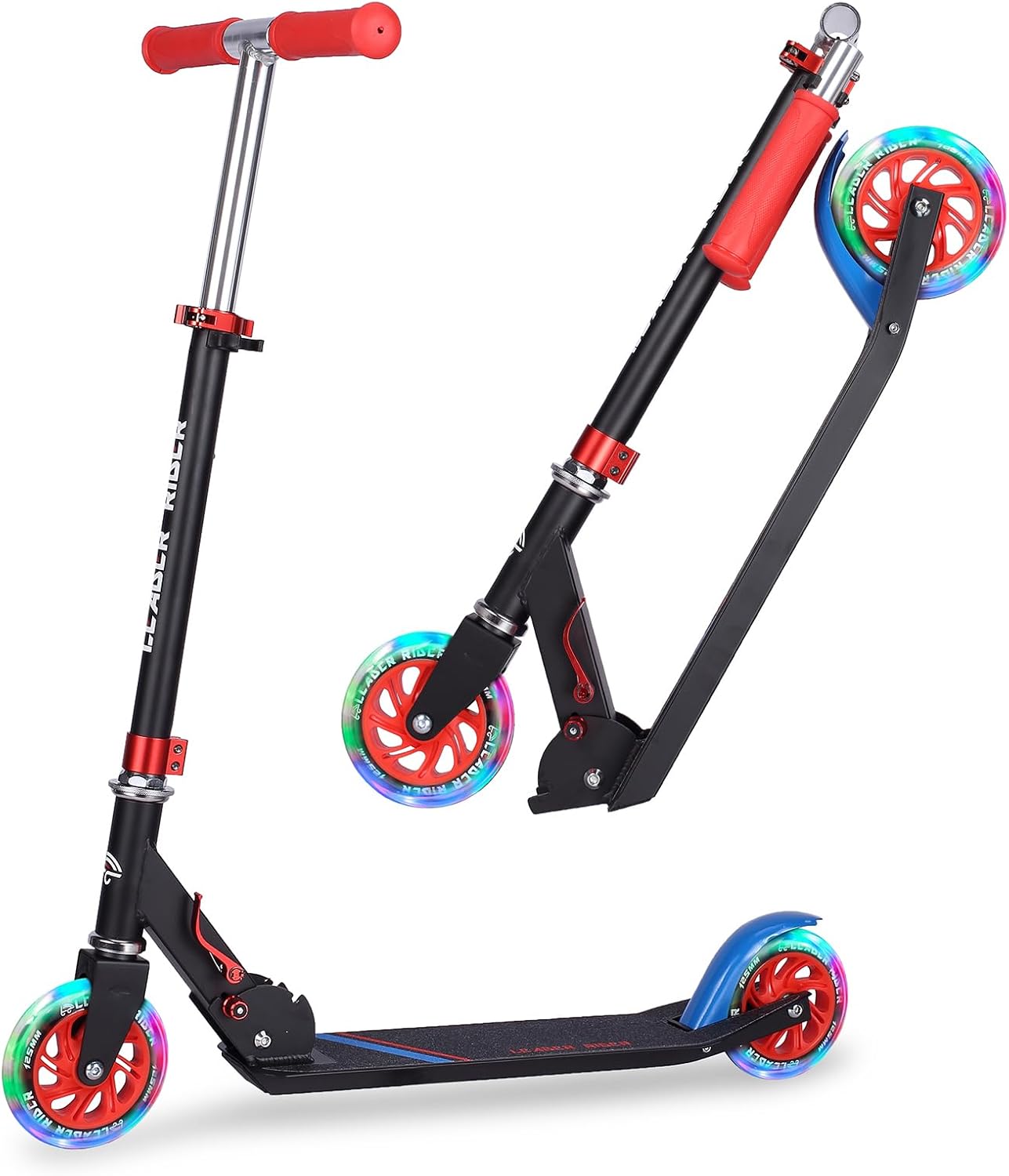 Kick Scooter – Collapsible Portable Kids Push Scooter – Lightweight Folding Design with High Visibility RGB Light Up LEDs on Stem, Wheels, and Deck