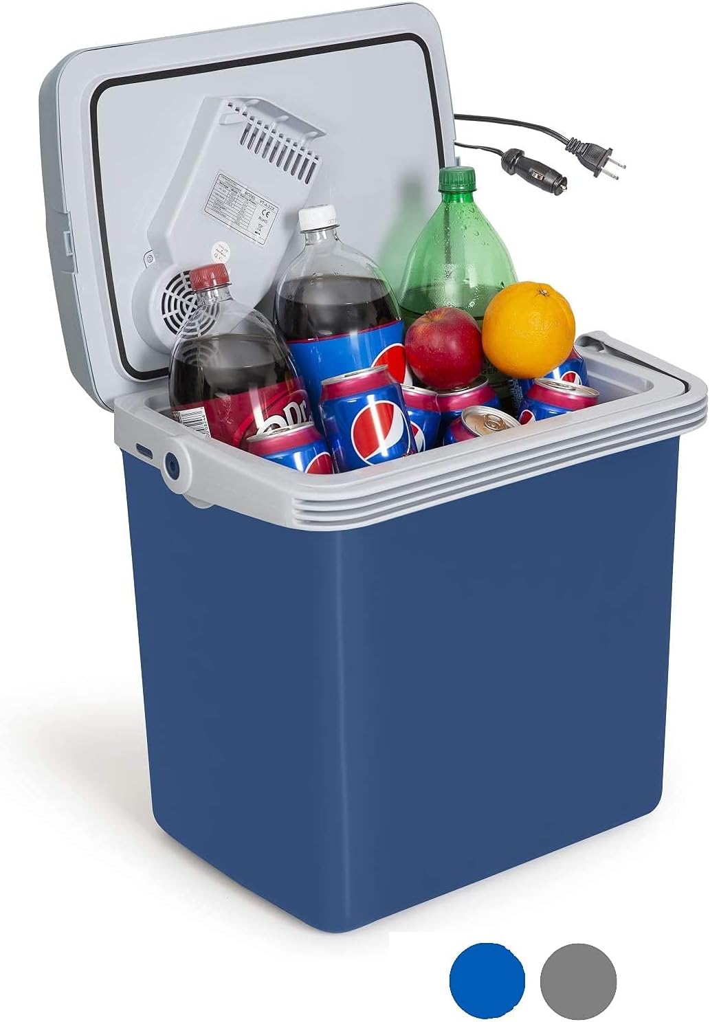 K-Box Electric Cooler and Warmer for Car and Home – 34 Quart (32 Liter) – Dual 110V AC House and 12V DC Vehicle Plugs (Blue)