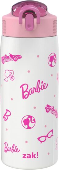 Zak Designs Barbie Water Bottle for Travel and At Home, 19 oz Vacuum Insulated Stainless Steel with Locking Spout Cover, Built-In Carrying Loop, Leak-Proof Design (Barbie)