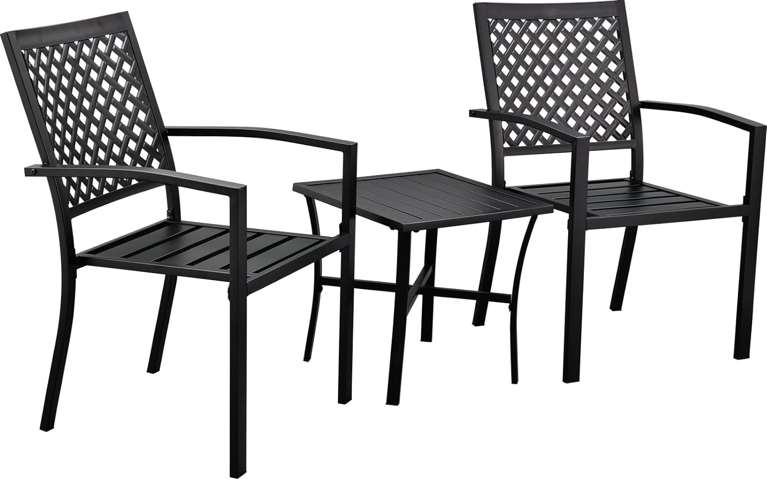 3 Piece Iron Bistro Set Stackable Outdoor Patio Furniture Set with 2 Large Comfortable Porch Chairs and Metal Coffee Table, Black