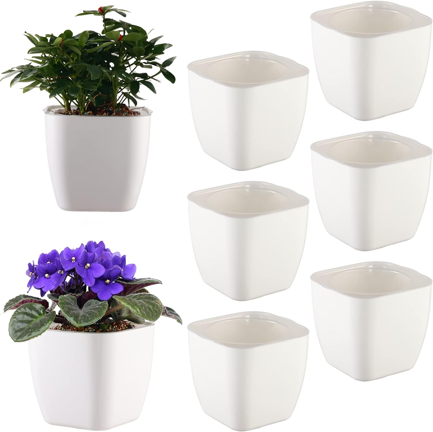 6-pack Self Watering Planters and Pots for Indoor Plants 7” Large African Violet Pots Plastic Wick Flower Pots with Water Injection Hole, Orchid Plant Pot Set, Clay Pebbles Included, White and Clear