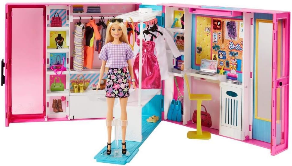 Barbie Dream Closet with Blonde Doll & 25+ Pieces, Toy Closet Expands to 2+ ft / 60+ cm Wide & Features 10+ Storage Areas, Full-Length Mirror, Customizable Desk Space and Rotating Clothes Rack