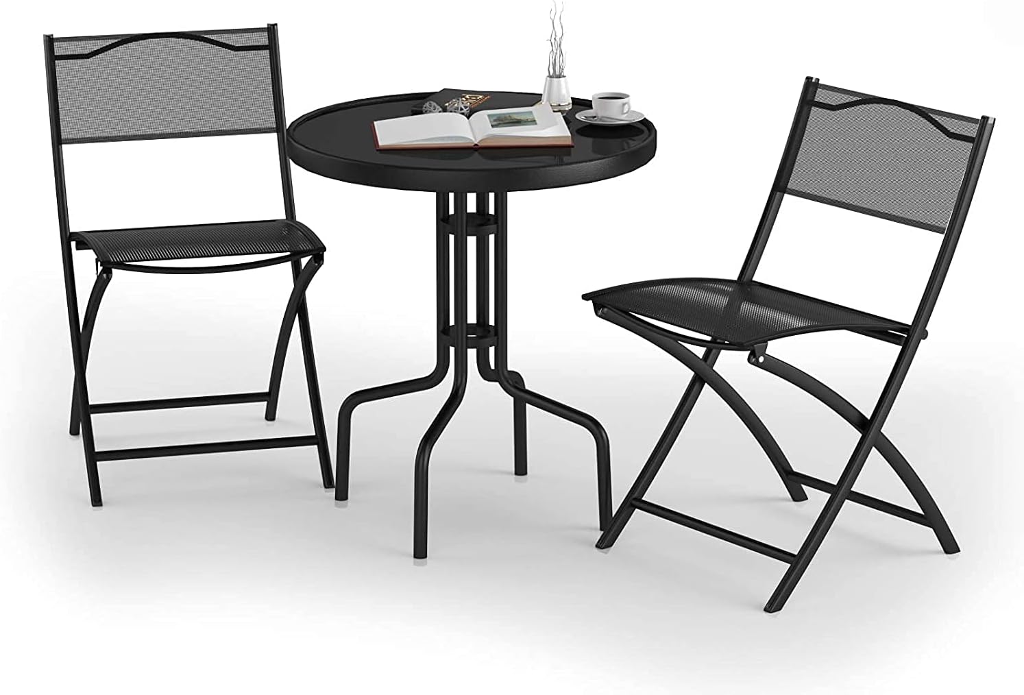 Weather-Resistant Indoor/Outdoor Patio Furniture Table and Chairs Conversation 3 PCS Bistro Set, Black