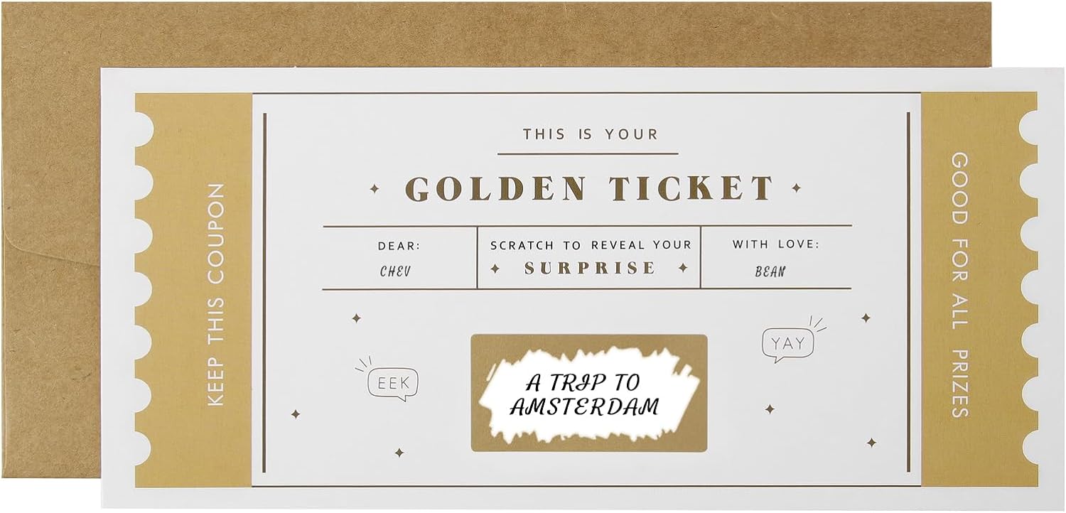 CJ&M The Golden Ticket | Scratch & reveal surprise ticket, Golden ticket, Scratch Card, Surprise holiday, Gift reveal, Surprise gift