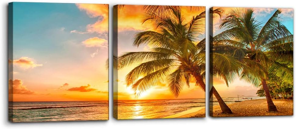 3 Panels Sea Landscape Modern Wall Art Ocean Sunset Canvas Prints Sea Beach Pictures Painting on Canvas Wall Art for Home Decor Gallery Wrapped Tropical Scenery Seascape Giclee Artwork – 12″x16″x3