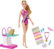 Barbie Dreamhouse Adventures Swim ‘n Dive Doll, 11.5-Inch, in Swimwear, with Swimming Feature, Diving Board and Puppy, Gift for 3 to 7 Year Olds