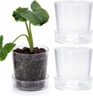 4.5 Inch Clear Acrylic Planter Pot with Tray, Orchid Pot with Drainage Holes, Deep Saucer for Bottom Watering, Transparent Containers for Indoor Plants, Herbs, Set of 3, 91-A-E-3