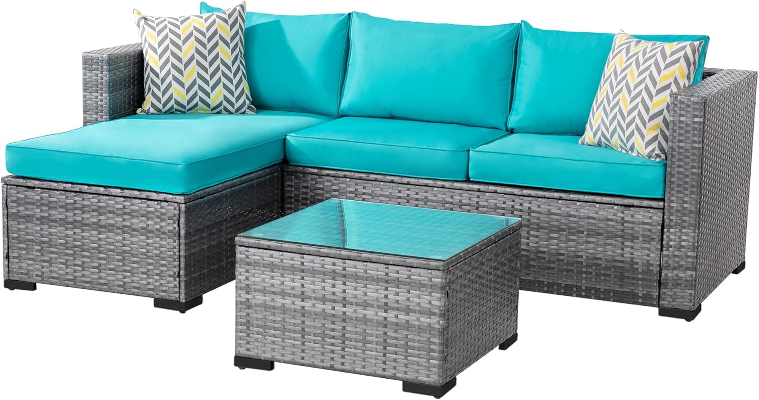 Shintenchi Patio Furniture Sets 3 Pieces Outdoor Sectional Sofa Silver All-Weather Rattan Wicker Sofa Small Patio Conversation Couch with Washable Cushion and Glass Table (Sky Blue)