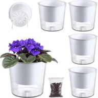 4-pack 6.5” Clear Self-watering Planters and Pots for Indoor Plants Large Orchid Plant Pots Plastic Wick Flower Pots, African Violet Pot Set, Home Decor Pot, Clay Pebbles Included