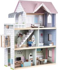 Giant bean Pink Wooden Dollhouse with Furniture Set for Girls, 2.6 feet High with Elevator,Doorbell, Light,19 PCS Furnitures and 3 Dolls,Toddler Playhouse Toy Gift for Girls Ages 3-7+