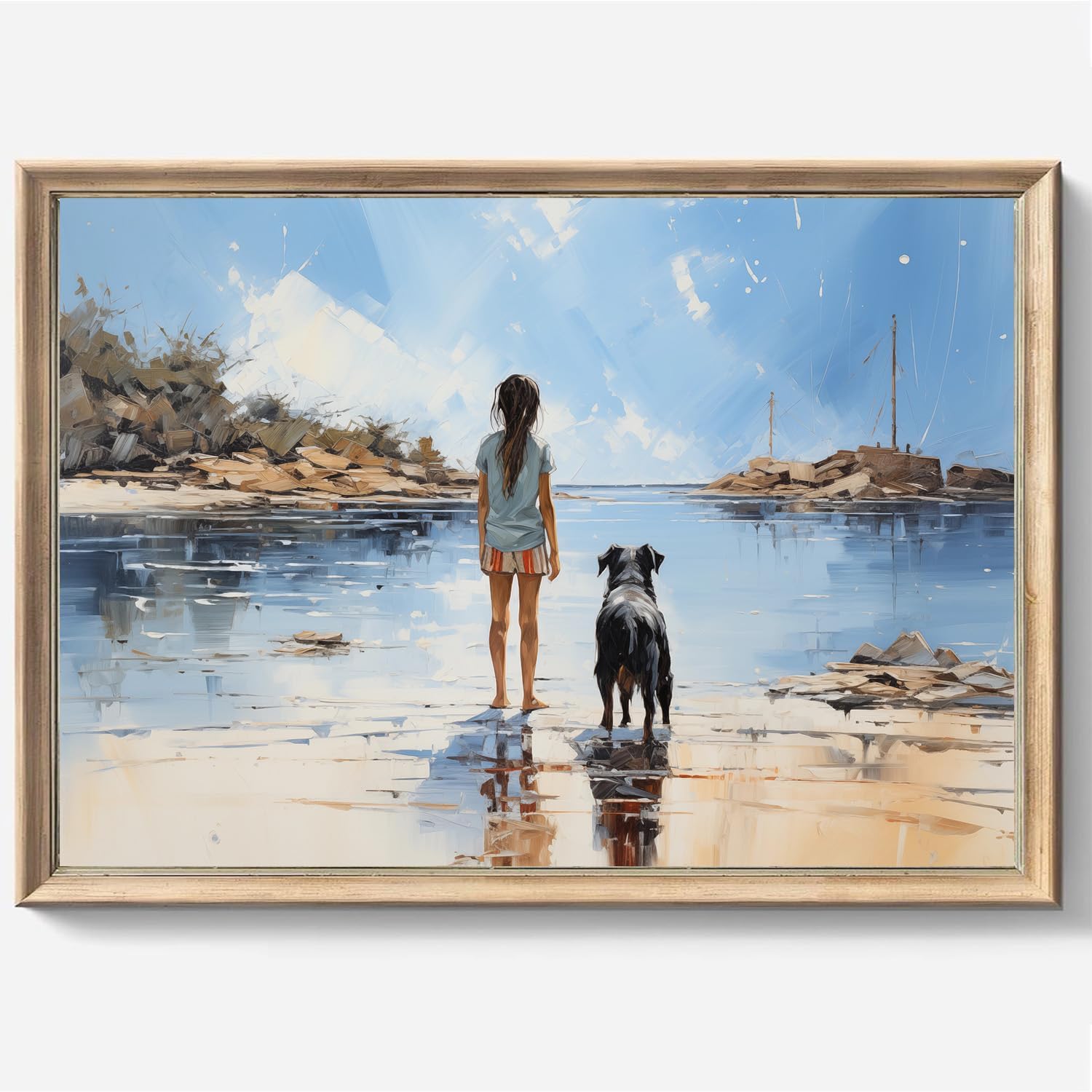 BACKYMRJCART A Girl & Her Dog Beach Seascape Canvas Wall Art Navy Blue Ocean Poster Abstract Beach Painting Modern Coastal Art Prints Seascape Picture Beach Artwork for Walls Bedroom 16x24in No Frame