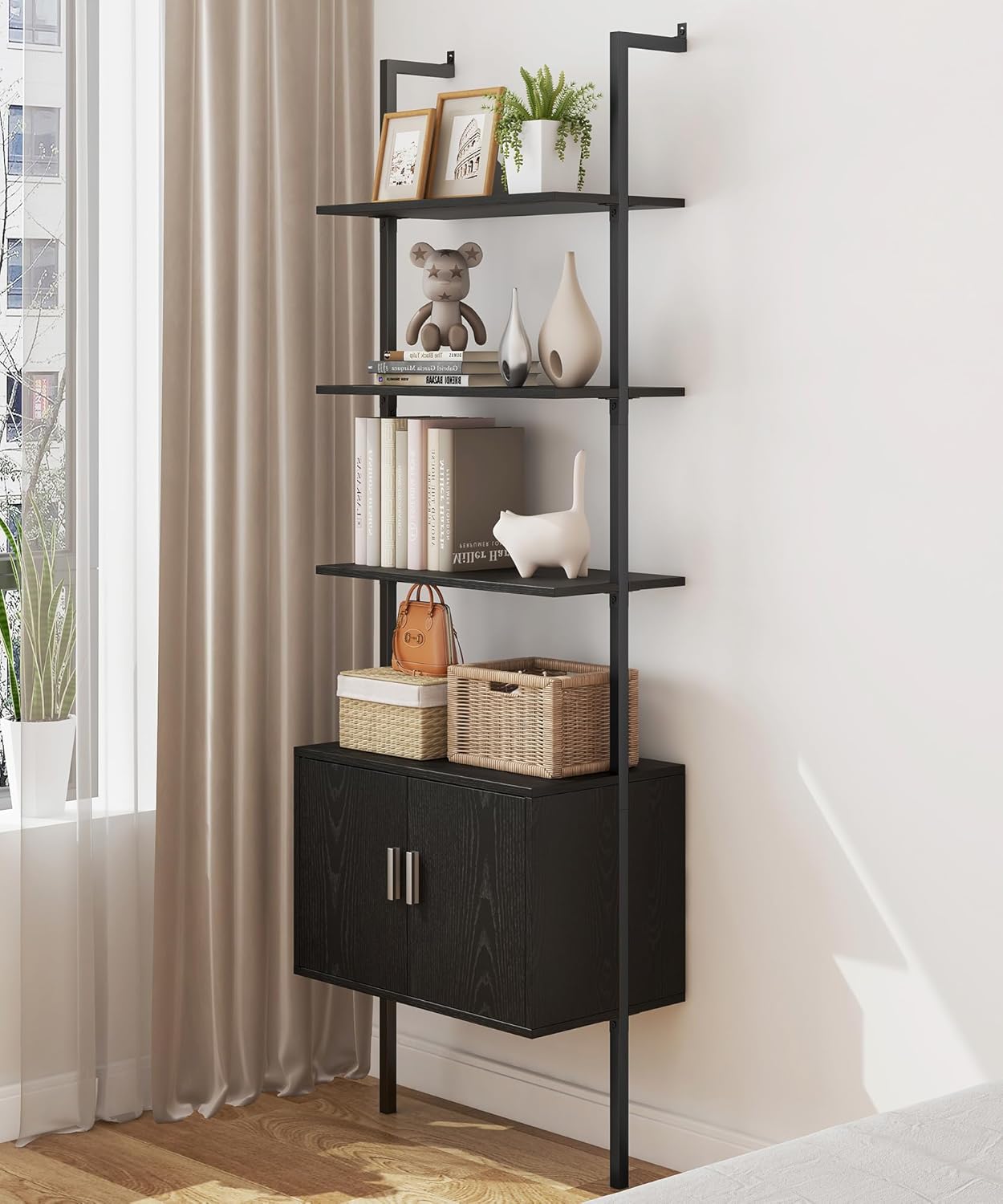 Yusong 73″ Tall Bookshelf with Cabinet, Industrial Ladder Wall Mount Shelf Bookcase with Wood and Metal Frame, Plant Shelf Wall Storage Display for Living Room Bedroom, Black Wood Grain