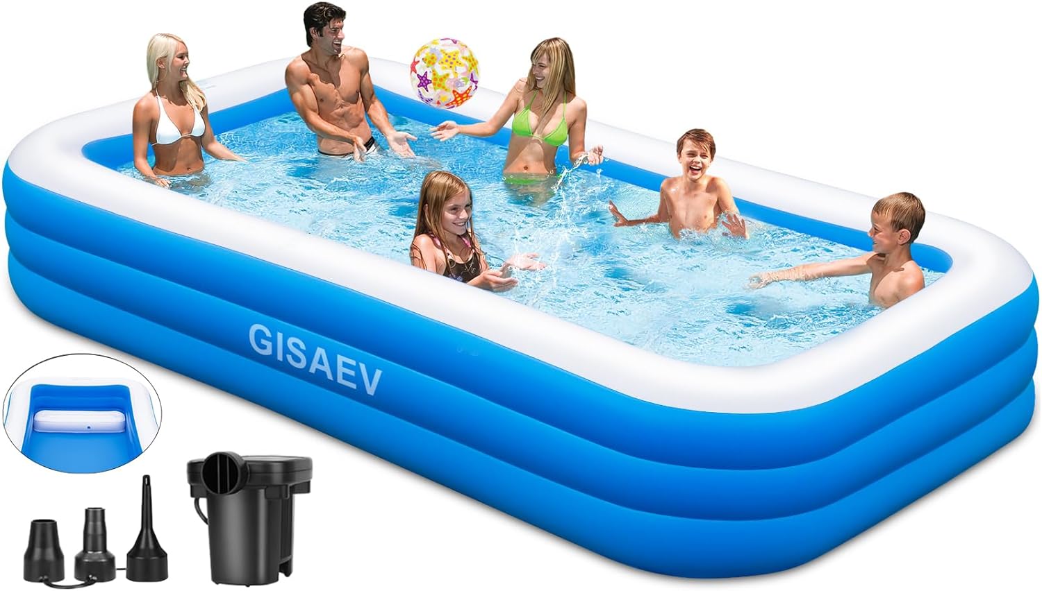 Extra Large Inflatable Pool with Seats, 130″x 72″ x 22″ Thickened Blow Up Pool for Adults with Pump, Swimming Pool above Ground for Backyard Family Outdoor(Pale Blue)