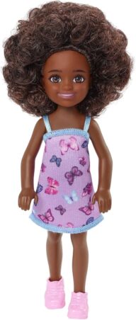 Barbie Chelsea Doll (Curly Brunette Hair) Wearing Butterfly-Print Dress and Pink Shoes, Toy for Kids Ages 3 Years Old & Up