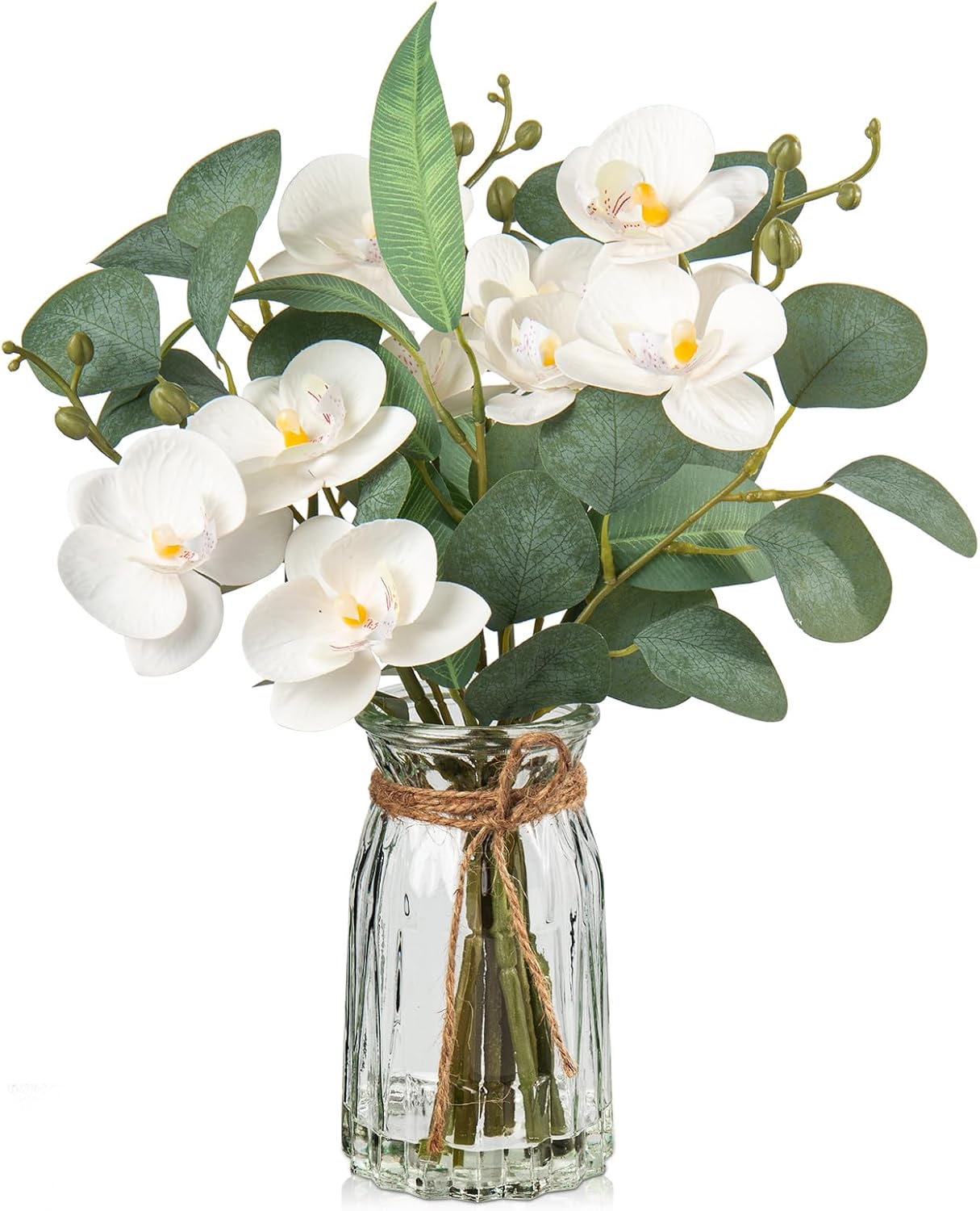 White Orchids Artificial Flowers with Vase Fake Flowers in Vase Artificial Eucalyptus Stems in Glass Vase with Faux Water Faux Orchid with Eucalyptus Leaves Arrangement for Dining Table Centerpiece