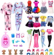 28 Pack Girl Dolls Clothes and Accessories, 2 Storytelling Pajamas, 3 Fashion Dresses, 3 Clothing Outfits, 10 Shoes, Travel Set for 11.5 inch Dolls, Mini School Supplies